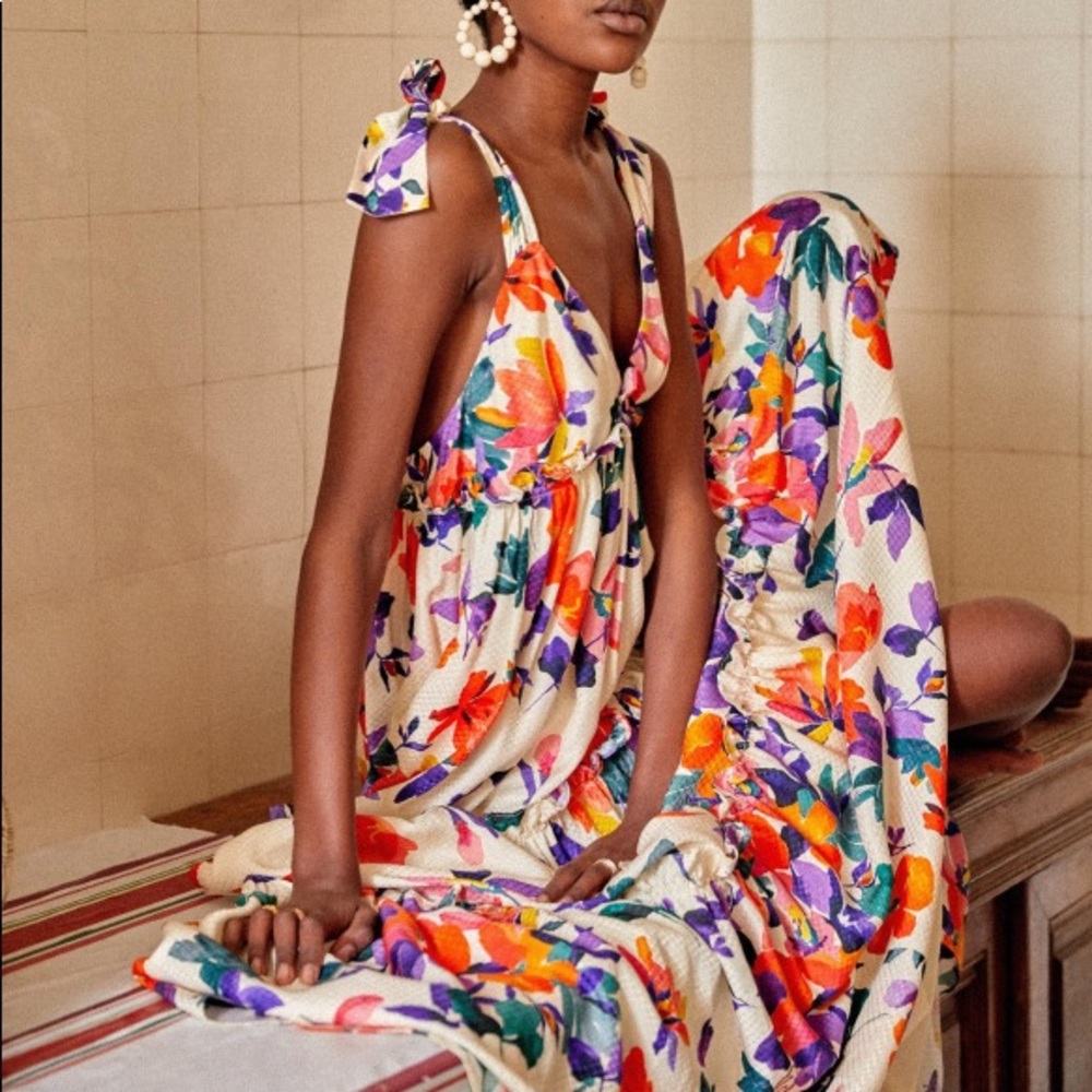 Sezane Graziella Silk Maxi Tie Sleeve Dress in Floral Print